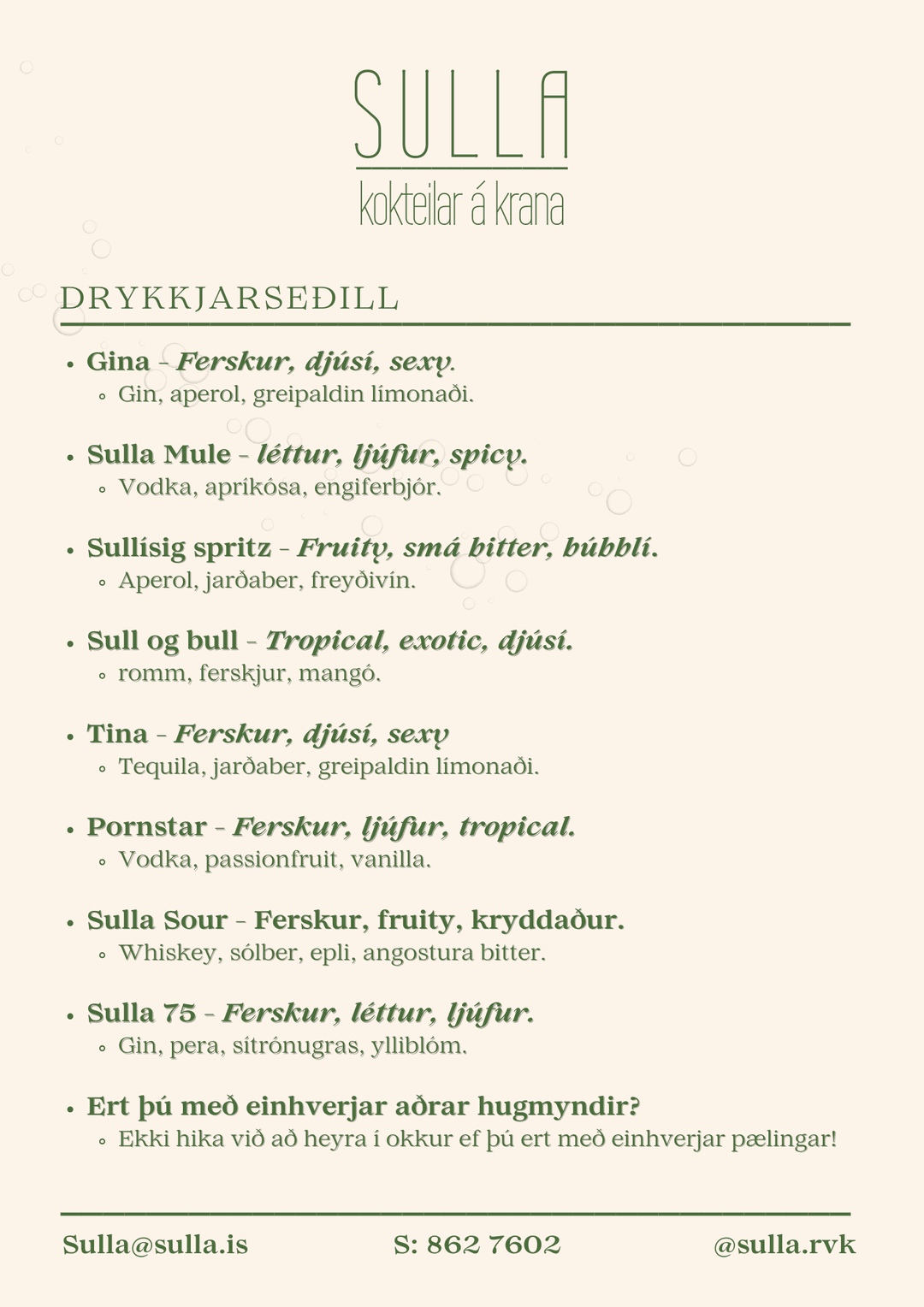 SULLA drykkjarseðill með klassískum kokteilum og árstíðabundnum drykkjum