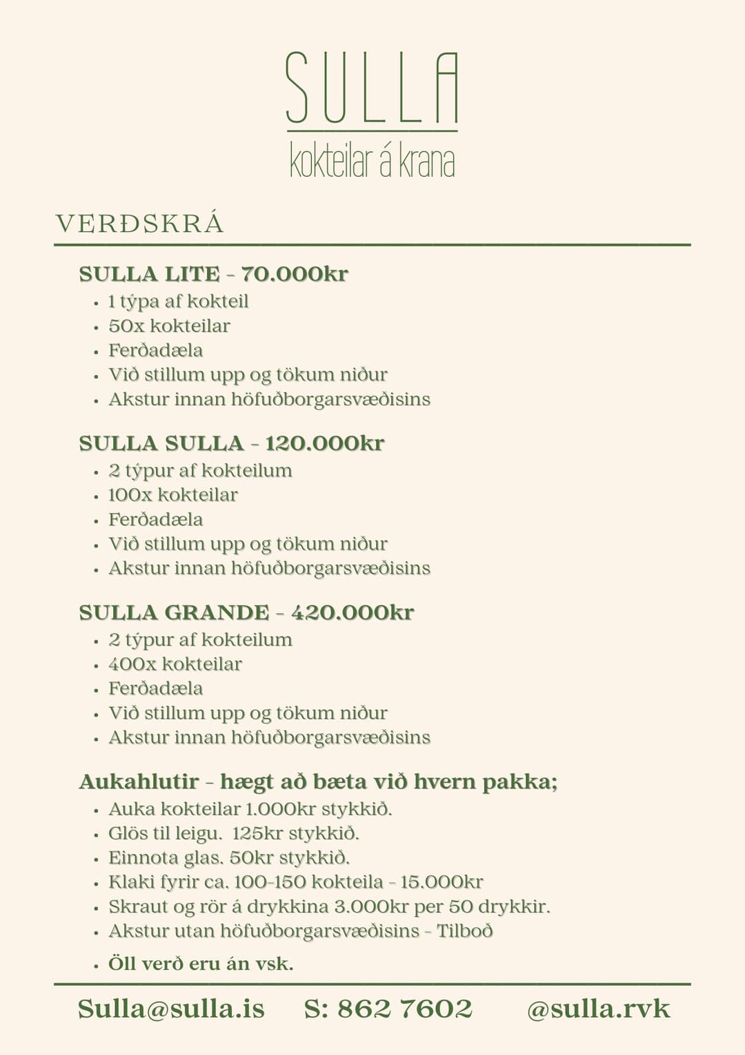 SULLA verðskrá með upplýsingum um verð á kokteilum og þjónustu