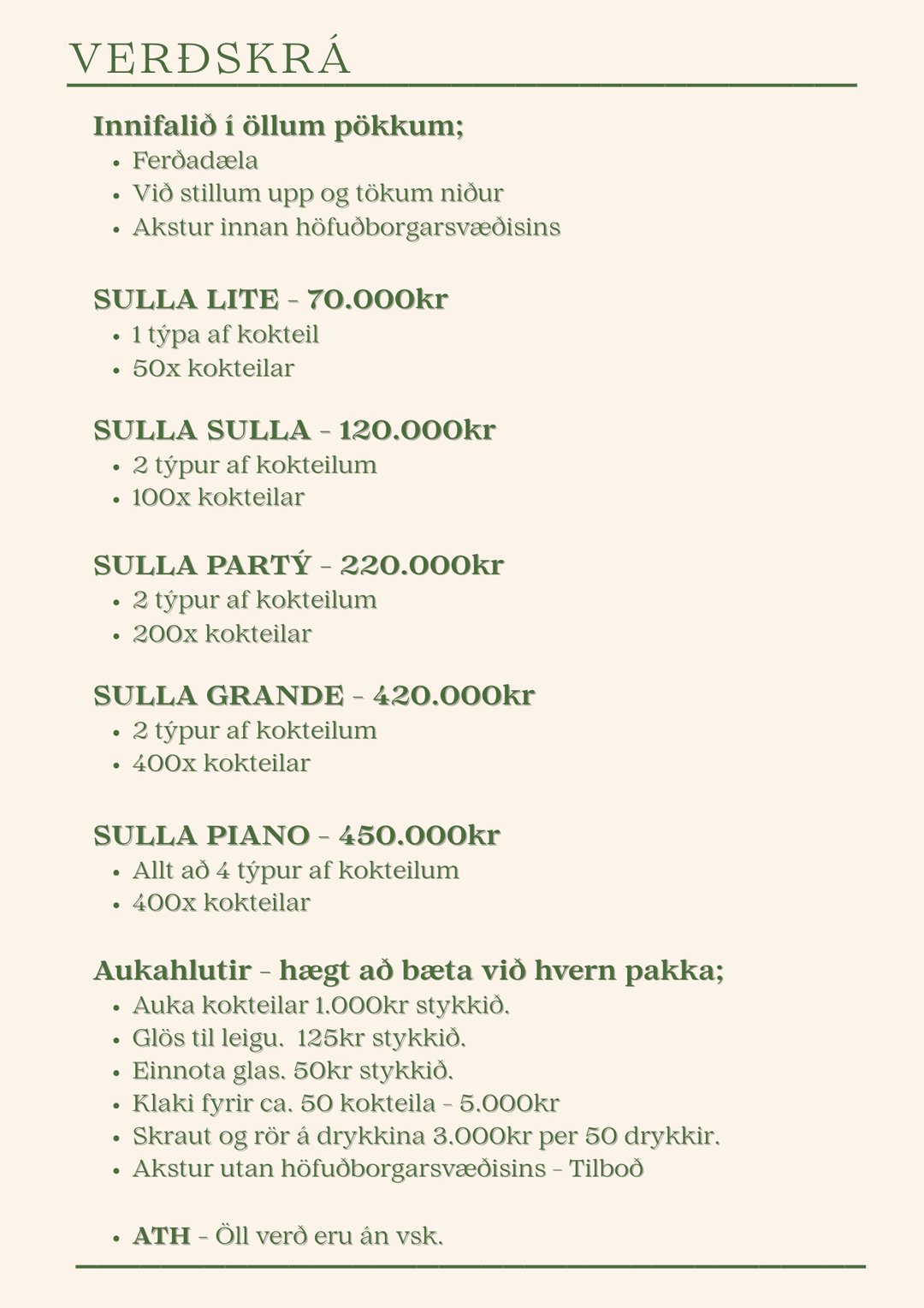 SULLA verðskrá með upplýsingum um verð á kokteilum og þjónustu